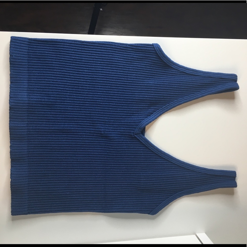 Free People Solid Ribbed Crop Top V Neck Blue